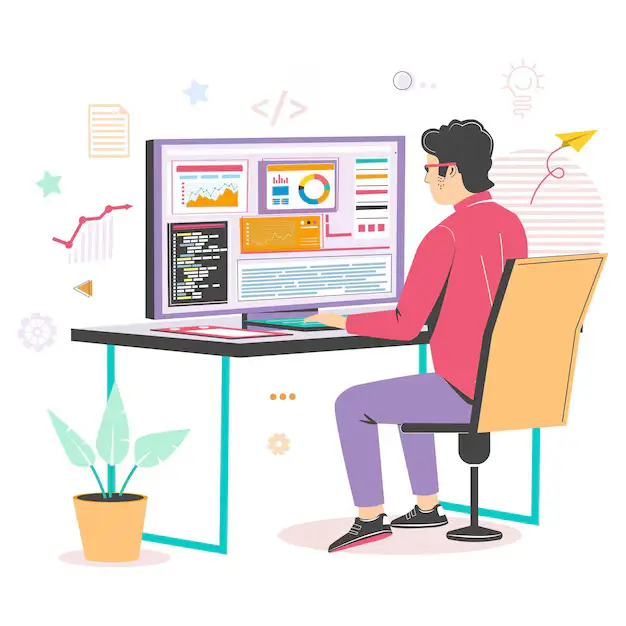Illustration of a WordPress web designer working on a laptop – Bayajit Islam Portfolio