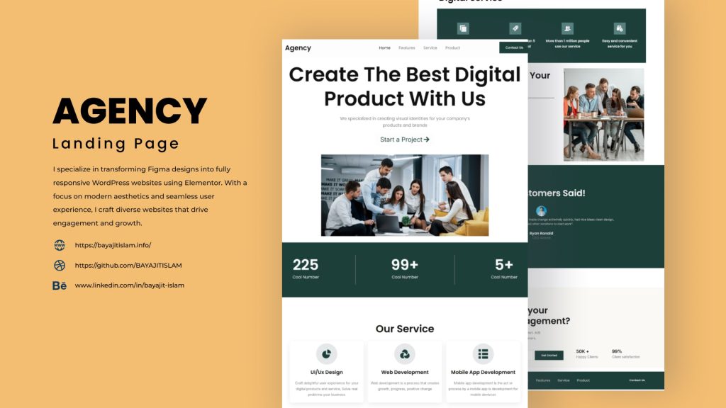 Digital Agency Landing Page design project by Bayajit Islam – WordPress website using Elementor, responsive design with modern UI/UX.